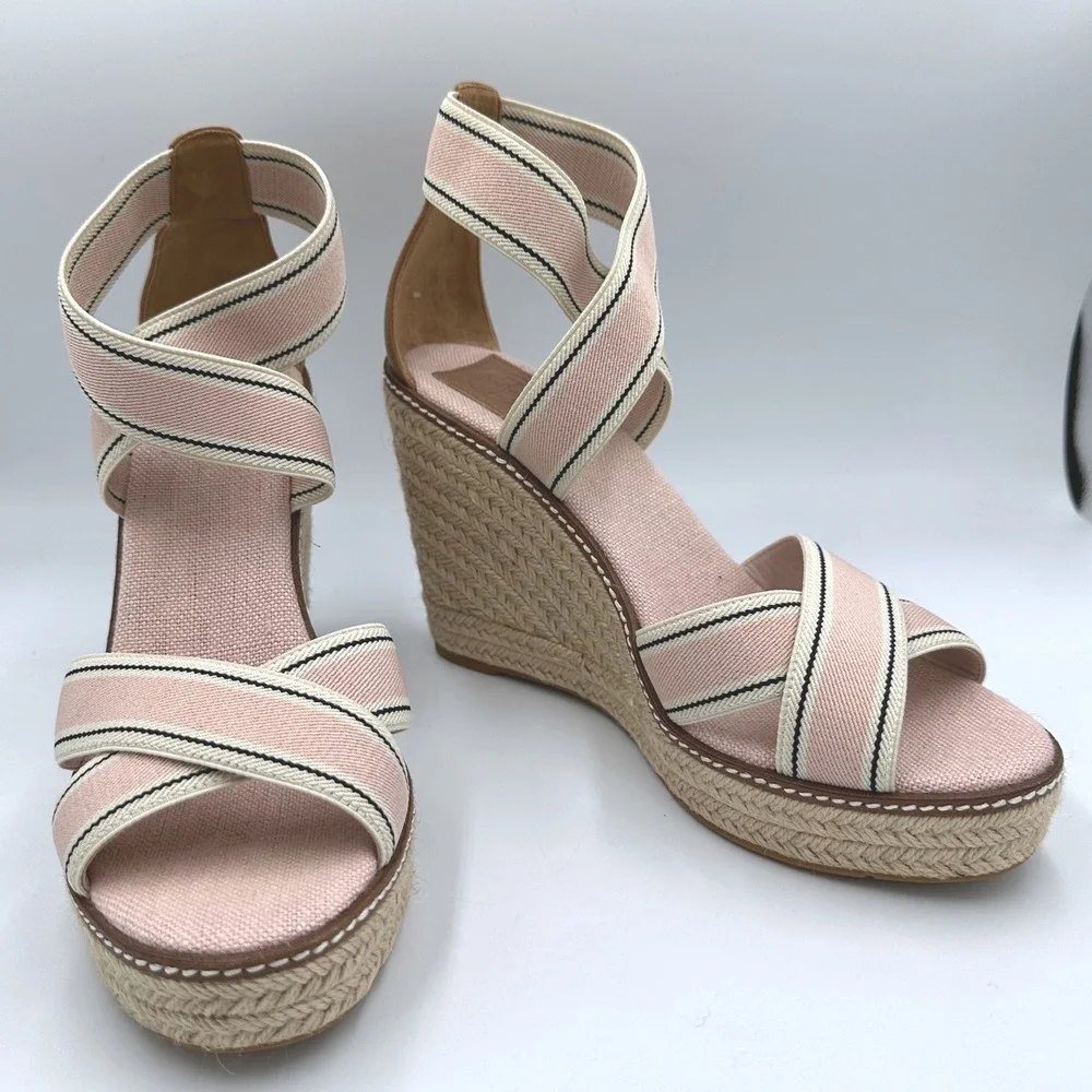 Tory Burch Frieda Espadrille Platform Wedge Sandals Pink Striped Canvas US 10